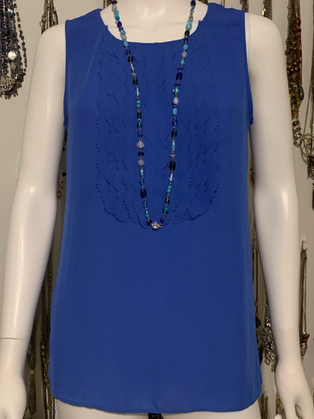 Banana Republic Royal Blue Sleeveless Top with necklace